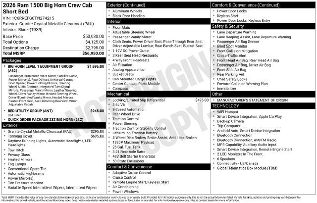 2026 RAM 1500 Big Horn Crew Cab 4x2 5'7' Box