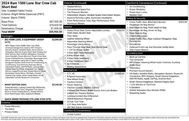 2024 RAM 1500 Lone Star Crew Cab 4x2 5'7' Box