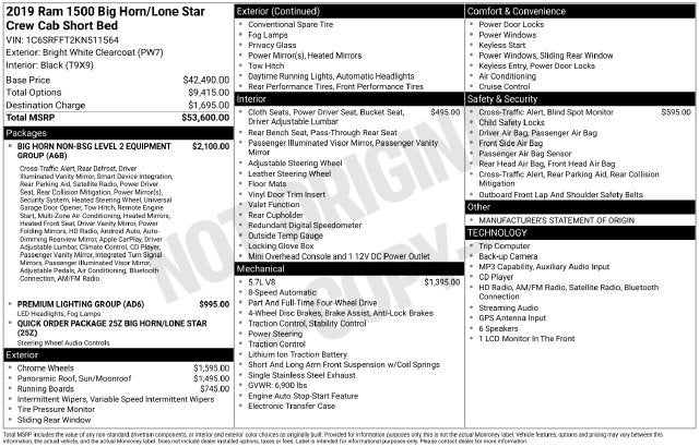 2019 RAM 1500 Big Horn/Lone Star Crew Cab 4x4 5'7' Box
