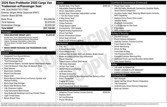 2026 RAM Ram ProMaster RAM PROMASTER 2500 TRADESMAN CARGO VAN HIGH ROOF 159' WB