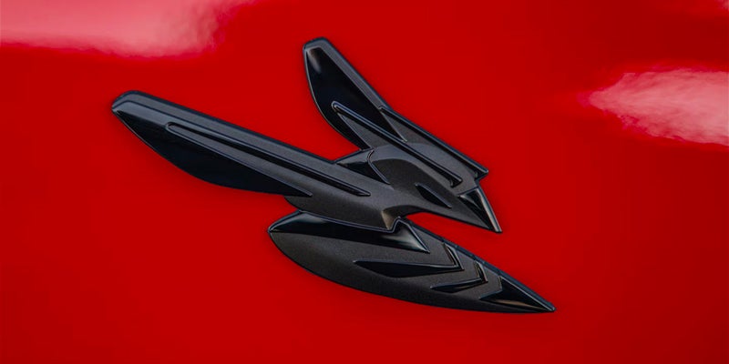 A glossy black, stylized bird emblem with pointed wings and tail on a vibrant red surface.