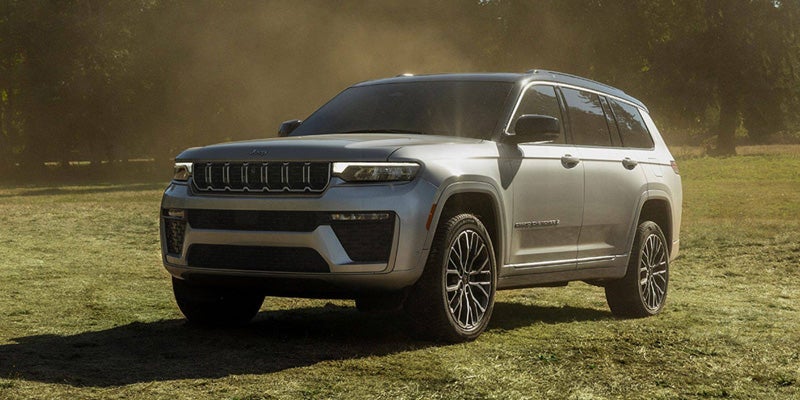 A light silver Jeep Grand Cherokee SUV parked on green grass among green trees and brush.