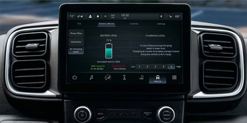 Electric vehicle charging screen in a car, displaying 75% battery, estimated charging times, and controls.