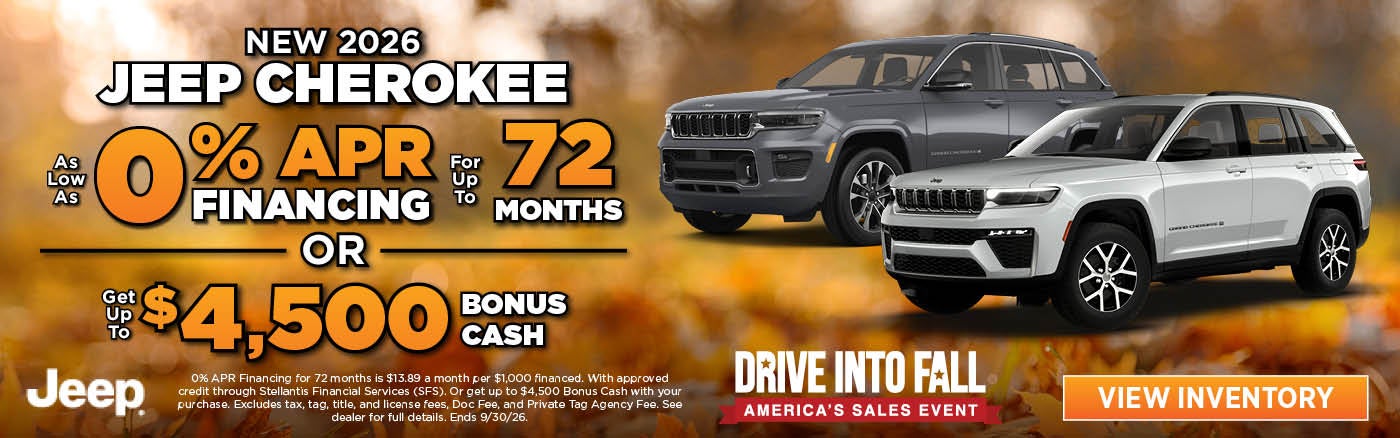 AS LOW AS 0% APR FINANCING ON 2026 JEEP CHEROKEE